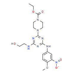 ChemSpider 2D Image | Ethyl 4-{4-[(2-hydroxyethyl)amino]-6-[(4-methoxy-3-nitrophenyl)amino]-1,3,5-triazin-2-yl}-1-piperazinecarboxylate | C19H26N8O6