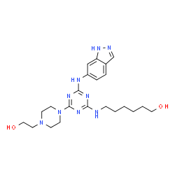 ChemSpider 2D Image | 6-({4-[4-(2-Hydroxyethyl)-1-piperazinyl]-6-(1H-indazol-6-ylamino)-1,3,5-triazin-2-yl}amino)-1-hexanol | C22H33N9O2