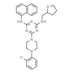ChemSpider 2D Image | 6-[4-(2-Chlorophenyl)-1-piperazinyl]-N-(1-naphthyl)-N'-(tetrahydro-2-furanylmethyl)-1,3,5-triazine-2,4-diamine | C28H30ClN7O