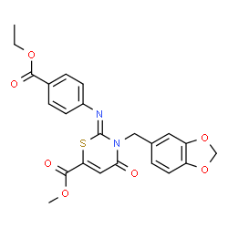 ChemSpider 2D Image | Methyl (2Z)-3-(1,3-benzodioxol-5-ylmethyl)-2-{[4-(ethoxycarbonyl)phenyl]imino}-4-oxo-3,4-dihydro-2H-1,3-thiazine-6-carboxylate | C23H20N2O7S