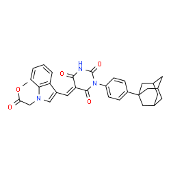 ChemSpider 2D Image | Methyl {3-[(E)-{1-[4-(adamantan-1-yl)phenyl]-2,4,6-trioxotetrahydro-5(2H)-pyrimidinylidene}methyl]-1H-indol-1-yl}acetate | C32H31N3O5
