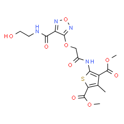 ChemSpider 2D Image | Dimethyl 5-{[({4-[(2-hydroxyethyl)carbamoyl]-1,2,5-oxadiazol-3-yl}oxy)acetyl]amino}-3-methyl-2,4-thiophenedicarboxylate | C16H18N4O9S