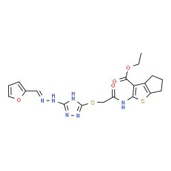 ChemSpider 2D Image | Ethyl 2-{[({3-[(2E)-2-(2-furylmethylene)hydrazino]-1H-1,2,4-triazol-5-yl}sulfanyl)acetyl]amino}-5,6-dihydro-4H-cyclopenta[b]thiophene-3-carboxylate | C19H20N6O4S2