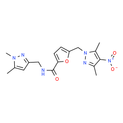 ChemSpider 2D Image | 5-[(3,5-Dimethyl-4-nitro-1H-pyrazol-1-yl)methyl]-N-[(1,5-dimethyl-1H-pyrazol-3-yl)methyl]-2-furamide | C17H20N6O4