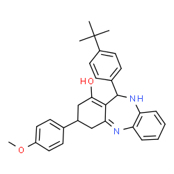 ChemSpider 2D Image | 3-(4-Methoxyphenyl)-11-[4-(2-methyl-2-propanyl)phenyl]-3,4,10,11-tetrahydro-2H-dibenzo[b,e][1,4]diazepin-1-ol | C30H32N2O2