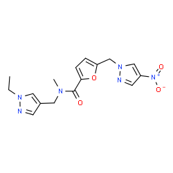 ChemSpider 2D Image | N-[(1-Ethyl-1H-pyrazol-4-yl)methyl]-N-methyl-5-[(4-nitro-1H-pyrazol-1-yl)methyl]-2-furamide | C16H18N6O4