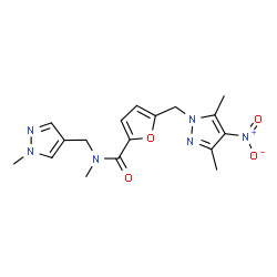 ChemSpider 2D Image | 5-[(3,5-Dimethyl-4-nitro-1H-pyrazol-1-yl)methyl]-N-methyl-N-[(1-methyl-1H-pyrazol-4-yl)methyl]-2-furamide | C17H20N6O4