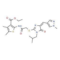 ChemSpider 2D Image | Ethyl 2-{[({(4E)-1-isobutyl-4-[(1-methyl-1H-pyrazol-4-yl)methylene]-5-oxo-4,5-dihydro-1H-imidazol-2-yl}sulfanyl)acetyl]amino}-4,5-dimethyl-3-thiophenecarboxylate | C23H29N5O4S2