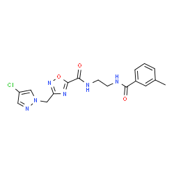 ChemSpider 2D Image | 3-[(4-Chloro-1H-pyrazol-1-yl)methyl]-N-{2-[(3-methylbenzoyl)amino]ethyl}-1,2,4-oxadiazole-5-carboxamide | C17H17ClN6O3