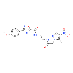 ChemSpider 2D Image | N-(2-{[(3,5-Dimethyl-4-nitro-1H-pyrazol-1-yl)acetyl]amino}ethyl)-3-(4-methoxyphenyl)-1,2,4-oxadiazole-5-carboxamide | C19H21N7O6