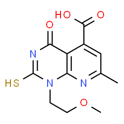 ChemSpider 2D Image | 1-(2-methoxyethyl)-7-methyl-4-oxo-2-sulfanyl-1H,4H-pyrido[2,3-d]pyrimidine-5-carboxylic acid | C12H13N3O4S