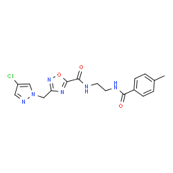 ChemSpider 2D Image | 3-[(4-Chloro-1H-pyrazol-1-yl)methyl]-N-{2-[(4-methylbenzoyl)amino]ethyl}-1,2,4-oxadiazole-5-carboxamide | C17H17ClN6O3