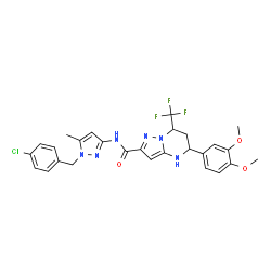 ChemSpider 2D Image | N-[1-(4-Chlorobenzyl)-5-methyl-1H-pyrazol-3-yl]-5-(3,4-dimethoxyphenyl)-7-(trifluoromethyl)-4,5,6,7-tetrahydropyrazolo[1,5-a]pyrimidine-2-carboxamide | C27H26ClF3N6O3