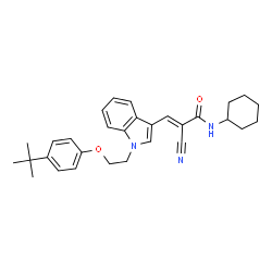 ChemSpider 2D Image | (2E)-2-Cyano-N-cyclohexyl-3-(1-{2-[4-(2-methyl-2-propanyl)phenoxy]ethyl}-1H-indol-3-yl)acrylamide | C30H35N3O2