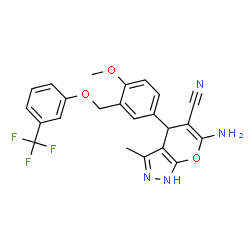 ChemSpider 2D Image | 6-Amino-4-(4-methoxy-3-{[3-(trifluoromethyl)phenoxy]methyl}phenyl)-3-methyl-1,4-dihydropyrano[2,3-c]pyrazole-5-carbonitrile | C23H19F3N4O3