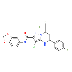 ChemSpider 2D Image | N-(1,3-Benzodioxol-5-yl)-3-chloro-5-(4-fluorophenyl)-7-(trifluoromethyl)-4,5,6,7-tetrahydropyrazolo[1,5-a]pyrimidine-2-carboxamide | C21H15ClF4N4O3