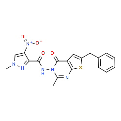 ChemSpider 2D Image | N-(6-Benzyl-2-methyl-4-oxothieno[2,3-d]pyrimidin-3(4H)-yl)-1-methyl-4-nitro-1H-pyrazole-3-carboxamide | C19H16N6O4S