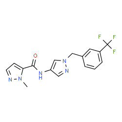 ChemSpider 2D Image | 1-Methyl-N-{1-[3-(trifluoromethyl)benzyl]-1H-pyrazol-4-yl}-1H-pyrazole-5-carboxamide | C16H14F3N5O