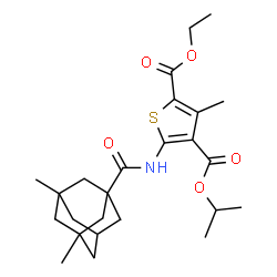 ChemSpider 2D Image | 2-Ethyl 4-isopropyl 5-{[(3,5-dimethyladamantan-1-yl)carbonyl]amino}-3-methyl-2,4-thiophenedicarboxylate | C25H35NO5S