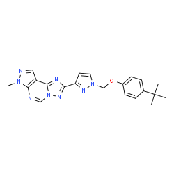ChemSpider 2D Image | 7-Methyl-2-(1-{[4-(2-methyl-2-propanyl)phenoxy]methyl}-1H-pyrazol-3-yl)-7H-pyrazolo[4,3-e][1,2,4]triazolo[1,5-c]pyrimidine | C21H22N8O