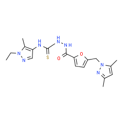 ChemSpider 2D Image | 2-{5-[(3,5-Dimethyl-1H-pyrazol-1-yl)methyl]-2-furoyl}-N-(1-ethyl-5-methyl-1H-pyrazol-4-yl)hydrazinecarbothioamide | C18H23N7O2S