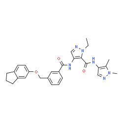 ChemSpider 2D Image | 4-({3-[(2,3-Dihydro-1H-inden-5-yloxy)methyl]benzoyl}amino)-N-(1,5-dimethyl-1H-pyrazol-4-yl)-1-ethyl-1H-pyrazole-5-carboxamide | C28H30N6O3