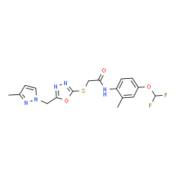 ChemSpider 2D Image | N-[4-(Difluoromethoxy)-2-methylphenyl]-2-({5-[(3-methyl-1H-pyrazol-1-yl)methyl]-1,3,4-oxadiazol-2-yl}sulfanyl)acetamide | C17H17F2N5O3S