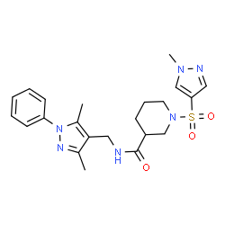 ChemSpider 2D Image | N-[(3,5-Dimethyl-1-phenyl-1H-pyrazol-4-yl)methyl]-1-[(1-methyl-1H-pyrazol-4-yl)sulfonyl]-3-piperidinecarboxamide | C22H28N6O3S