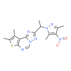 ChemSpider 2D Image | 2-[1-(3,5-Dimethyl-4-nitro-1H-pyrazol-1-yl)ethyl]-8,9-dimethylthieno[3,2-e][1,2,4]triazolo[1,5-c]pyrimidine | C16H17N7O2S