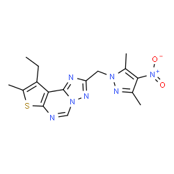 ChemSpider 2D Image | 2-[(3,5-Dimethyl-4-nitro-1H-pyrazol-1-yl)methyl]-9-ethyl-8-methylthieno[3,2-e][1,2,4]triazolo[1,5-c]pyrimidine | C16H17N7O2S
