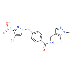 ChemSpider 2D Image | 4-[(4-Chloro-3-nitro-1H-pyrazol-1-yl)methyl]-N-[(1,5-dimethyl-1H-pyrazol-4-yl)methyl]benzamide | C17H17ClN6O3