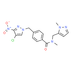 ChemSpider 2D Image | 4-[(4-Chloro-3-nitro-1H-pyrazol-1-yl)methyl]-N-methyl-N-[(1-methyl-1H-pyrazol-5-yl)methyl]benzamide | C17H17ClN6O3