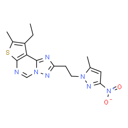 ChemSpider 2D Image | 9-Ethyl-8-methyl-2-[2-(5-methyl-3-nitro-1H-pyrazol-1-yl)ethyl]thieno[3,2-e][1,2,4]triazolo[1,5-c]pyrimidine | C16H17N7O2S