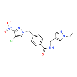 ChemSpider 2D Image | 4-[(4-Chloro-3-nitro-1H-pyrazol-1-yl)methyl]-N-[(1-ethyl-1H-pyrazol-4-yl)methyl]benzamide | C17H17ClN6O3