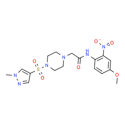 ChemSpider 2D Image | N-(4-Methoxy-2-nitrophenyl)-2-{4-[(1-methyl-1H-pyrazol-4-yl)sulfonyl]-1-piperazinyl}acetamide | C17H22N6O6S