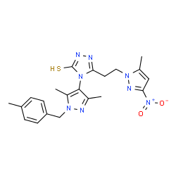 ChemSpider 2D Image | 4H-1,2,4-triazole-3-thiol, 4-[3,5-dimethyl-1-[(4-methylphenyl)methyl]-1H-pyrazol-4-yl]-5-[2-(5-methyl-3-nitro-1H-pyrazol-1-yl)ethyl]- | C21H24N8O2S