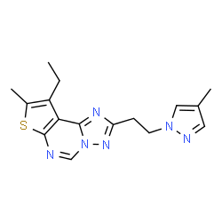 ChemSpider 2D Image | 9-Ethyl-8-methyl-2-[2-(4-methyl-1H-pyrazol-1-yl)ethyl]thieno[3,2-e][1,2,4]triazolo[1,5-c]pyrimidine | C16H18N6S