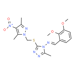 ChemSpider 2D Image | (E)-1-(2,3-Dimethoxyphenyl)-N-(3-{[(3,5-dimethyl-4-nitro-1H-pyrazol-1-yl)methyl]sulfanyl}-5-methyl-4H-1,2,4-triazol-4-yl)methanimine | C18H21N7O4S