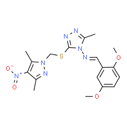 ChemSpider 2D Image | N-[(E)-(2,5-Dimethoxyphenyl)methylene]-3-{[(3,5-dimethyl-4-nitro-1H-pyrazol-1-yl)methyl]sulfanyl}-5-methyl-4H-1,2,4-triazol-4-amine | C18H21N7O4S