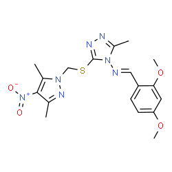 ChemSpider 2D Image | N-[(E)-(2,4-Dimethoxyphenyl)methylene]-3-{[(3,5-dimethyl-4-nitro-1H-pyrazol-1-yl)methyl]sulfanyl}-5-methyl-4H-1,2,4-triazol-4-amine | C18H21N7O4S