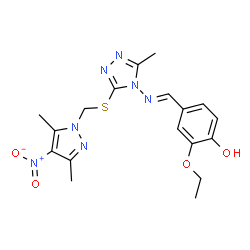 ChemSpider 2D Image | 4-{(E)-[(3-{[(3,5-Dimethyl-4-nitro-1H-pyrazol-1-yl)methyl]sulfanyl}-5-methyl-4H-1,2,4-triazol-4-yl)imino]methyl}-2-ethoxyphenol | C18H21N7O4S