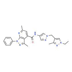ChemSpider 2D Image | N-{1-[(1-Ethyl-3-methyl-1H-pyrazol-4-yl)methyl]-1H-pyrazol-4-yl}-3,6-dimethyl-1-phenyl-1H-pyrazolo[3,4-b]pyridine-4-carboxamide | C25H26N8O