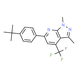ChemSpider 2D Image | 1,3-Dimethyl-6-[4-(2-methyl-2-propanyl)phenyl]-4-(trifluoromethyl)-1H-pyrazolo[3,4-b]pyridine | C19H20F3N3