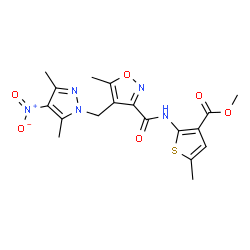 ChemSpider 2D Image | Methyl 2-[({4-[(3,5-dimethyl-4-nitro-1H-pyrazol-1-yl)methyl]-5-methyl-1,2-oxazol-3-yl}carbonyl)amino]-5-methyl-3-thiophenecarboxylate | C18H19N5O6S