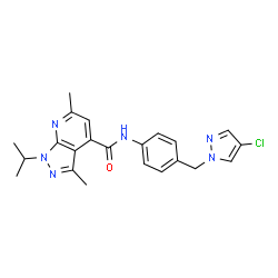 ChemSpider 2D Image | N-{4-[(4-Chloro-1H-pyrazol-1-yl)methyl]phenyl}-1-isopropyl-3,6-dimethyl-1H-pyrazolo[3,4-b]pyridine-4-carboxamide | C22H23ClN6O