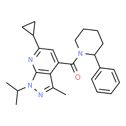 ChemSpider 2D Image | (6-Cyclopropyl-1-isopropyl-3-methyl-1H-pyrazolo[3,4-b]pyridin-4-yl)(2-phenyl-1-piperidinyl)methanone | C25H30N4O