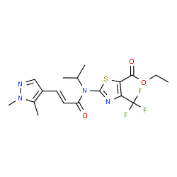 ChemSpider 2D Image | Ethyl 2-{[(2E)-3-(1,5-dimethyl-1H-pyrazol-4-yl)-2-propenoyl](isopropyl)amino}-4-(trifluoromethyl)-1,3-thiazole-5-carboxylate | C18H21F3N4O3S