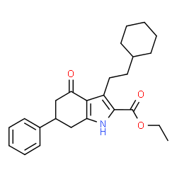 ChemSpider 2D Image | Ethyl 3-(2-cyclohexylethyl)-4-oxo-6-phenyl-4,5,6,7-tetrahydro-1H-indole-2-carboxylate | C25H31NO3