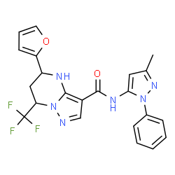 ChemSpider 2D Image | 5-(2-Furyl)-N-(3-methyl-1-phenyl-1H-pyrazol-5-yl)-7-(trifluoromethyl)-4,5,6,7-tetrahydropyrazolo[1,5-a]pyrimidine-3-carboxamide | C22H19F3N6O2