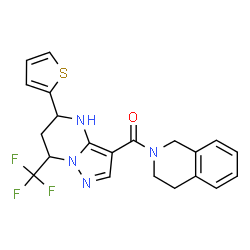 ChemSpider 2D Image | 3,4-Dihydro-2(1H)-isoquinolinyl[5-(2-thienyl)-7-(trifluoromethyl)-4,5,6,7-tetrahydropyrazolo[1,5-a]pyrimidin-3-yl]methanone | C21H19F3N4OS